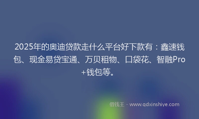 2025年的奥迪贷款走什么平台好下款有：鑫速钱包、现金易贷宝通、万贝租物、口袋花、智融Pro+钱包等。