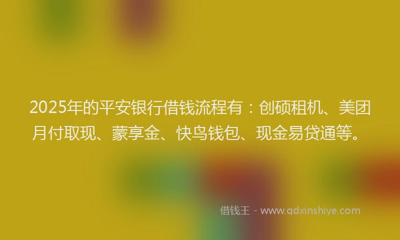 2025年的平安银行借钱流程有：创硕租机、美团月付取现、蒙享金、快鸟钱包、现金易贷通等。