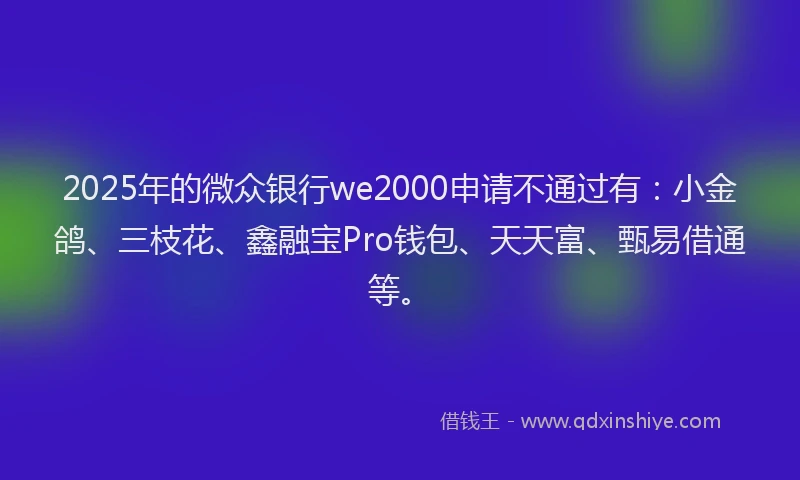 2025年的微众银行we2000申请不通过有：小金鸽、三枝花、鑫融宝Pro钱包、天天富、甄易借通等。