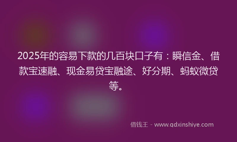 2025年的容易下款的几百块口子有：瞬信金、借款宝速融、现金易贷宝融途、好分期、蚂蚁微贷等。