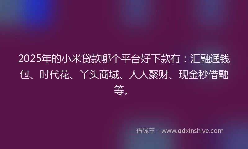 2025年的小米贷款哪个平台好下款有：汇融通钱包、时代花、丫头商城、人人聚财、现金秒借融等。