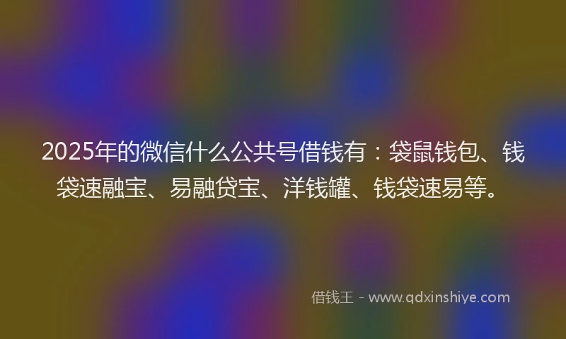 2025年的微信什么公共号借钱有：袋鼠钱包、钱袋速融宝、易融贷宝、洋钱罐、钱袋速易等。