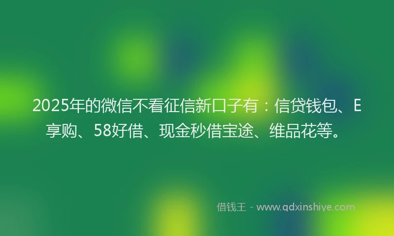 2025年的微信不看征信新口子有：信贷钱包、E享购、58好借、现金秒借宝途、维品花等。