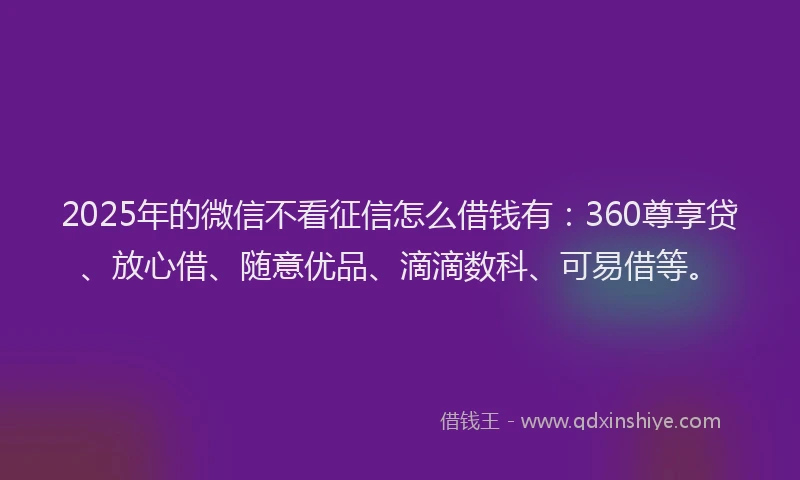 2025年的微信不看征信怎么借钱有：360尊享贷、放心借、随意优品、滴滴数科、可易借等。
