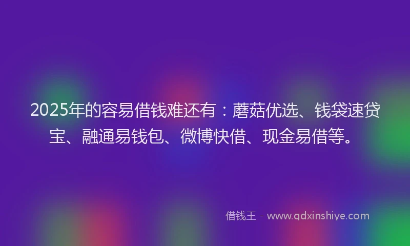 2025年的容易借钱难还有：蘑菇优选、钱袋速贷宝、融通易钱包、微博快借、现金易借等。