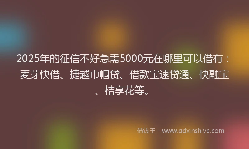 2025年的征信不好急需5000元在哪里可以借有：麦芽快借、捷越巾帼贷、借款宝速贷通、快融宝、桔享花等。