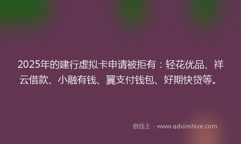 2025年的建行虚拟卡申请被拒有：轻花优品、祥云借款、小融有钱、翼支付钱包、好期快贷等。