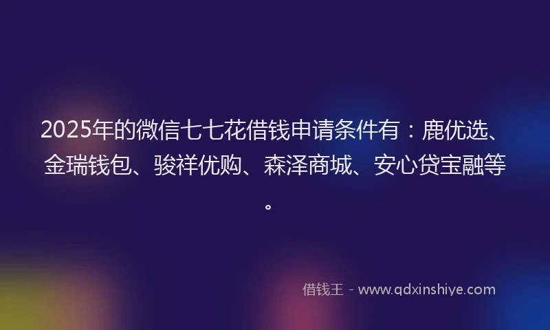 2025年的微信七七花借钱申请条件有：鹿优选、金瑞钱包、骏祥优购、森泽商城、安心贷宝融等。