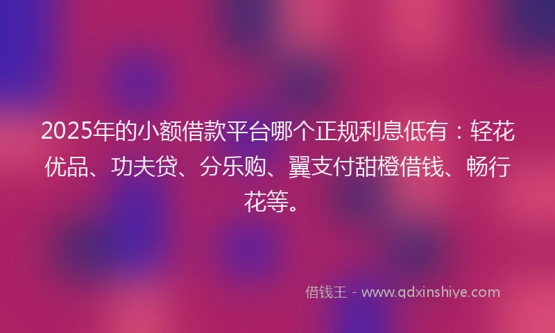 2025年的小额借款平台哪个正规利息低有：轻花优品、功夫贷、分乐购、翼支付甜橙借钱、畅行花等。