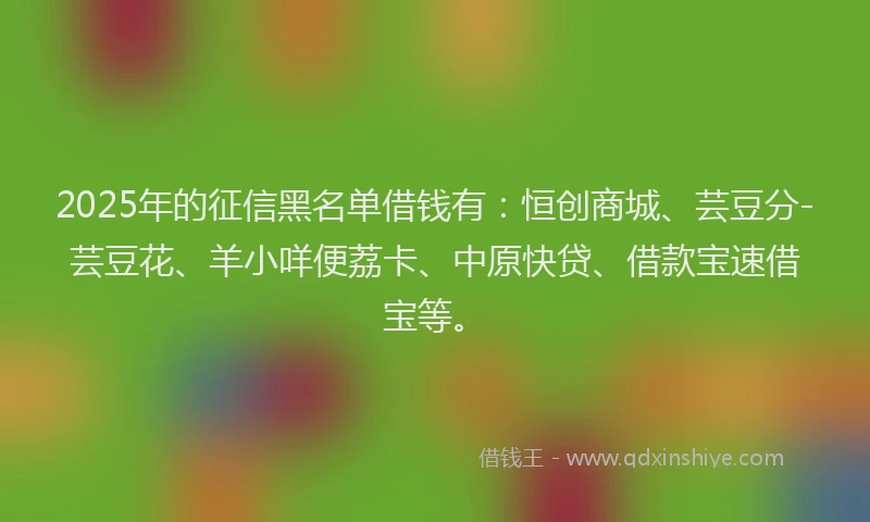 2025年的征信黑名单借钱有：恒创商城、芸豆分-芸豆花、羊小咩便荔卡、中原快贷、借款宝速借宝等。
