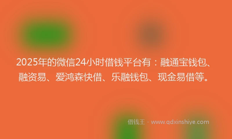 2025年的微信24小时借钱平台有：融通宝钱包、融资易、爱鸿森快借、乐融钱包、现金易借等。