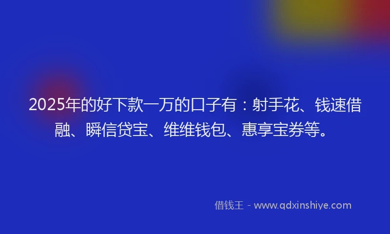 2025年的好下款一万的口子有：射手花、钱速借融、瞬信贷宝、维维钱包、惠享宝券等。