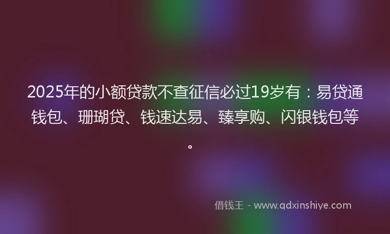 2025年的小额贷款不查征信必过19岁有：易贷通钱包、珊瑚贷、钱速达易、臻享购、闪银钱包等。