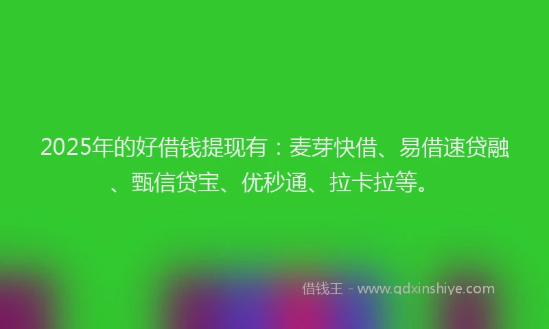 2025年的好借钱提现有：麦芽快借、易借速贷融、甄信贷宝、优秒通、拉卡拉等。