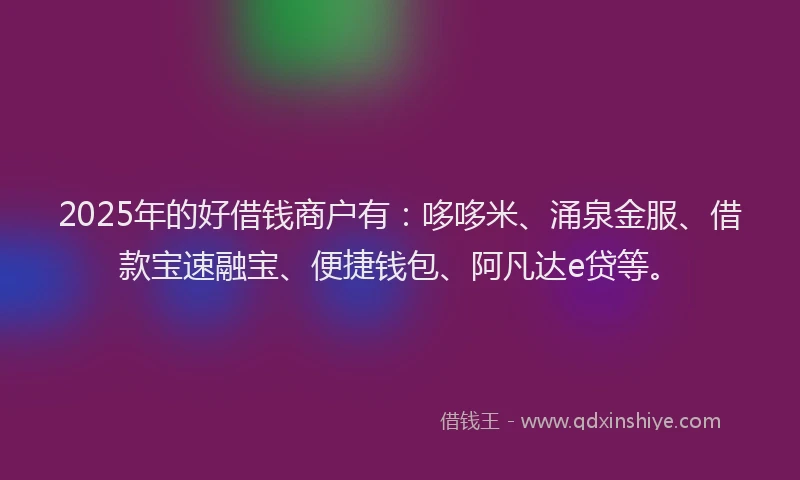 2025年的好借钱商户有：哆哆米、涌泉金服、借款宝速融宝、便捷钱包、阿凡达e贷等。