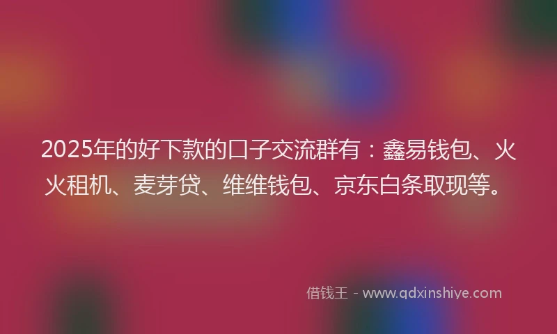 2025年的好下款的口子交流群有：鑫易钱包、火火租机、麦芽贷、维维钱包、京东白条取现等。