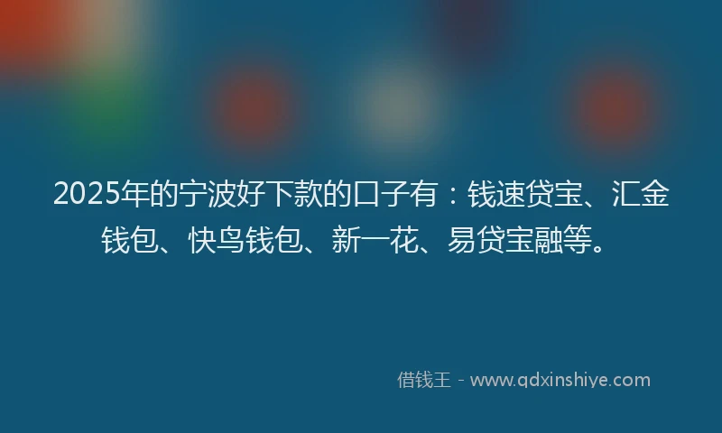 2025年的宁波好下款的口子有：钱速贷宝、汇金钱包、快鸟钱包、新一花、易贷宝融等。