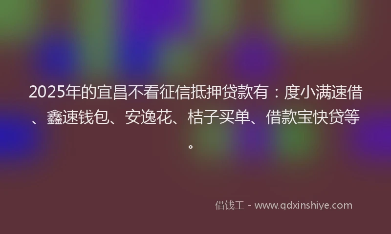 2025年的宜昌不看征信抵押贷款有：度小满速借、鑫速钱包、安逸花、桔子买单、借款宝快贷等。