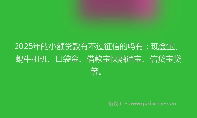 2025年的小额贷款有不过征信的吗有：现金宝、蜗牛租机、口袋金、借款宝快融通宝、信贷宝贷等。