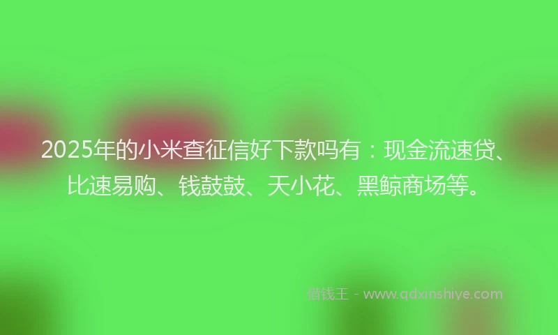 2025年的小米查征信好下款吗有：现金流速贷、比速易购、钱鼓鼓、天小花、黑鲸商场等。