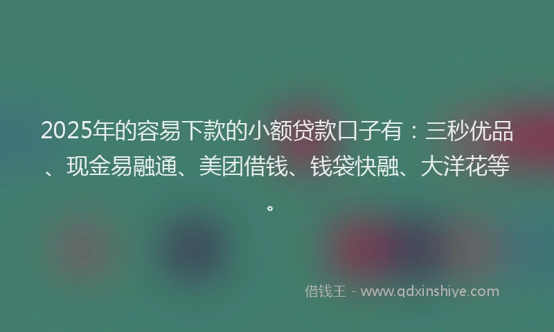 2025年的容易下款的小额贷款口子有：三秒优品、现金易融通、美团借钱、钱袋快融、大洋花等。