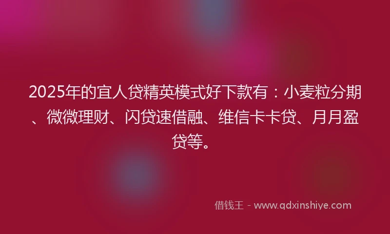 2025年的宜人贷精英模式好下款有：小麦粒分期、微微理财、闪贷速借融、维信卡卡贷、月月盈贷等。