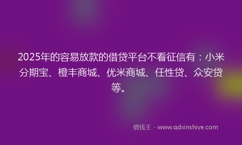 2025年的容易放款的借贷平台不看征信有：小米分期宝、橙丰商城、优米商城、任性贷、众安贷等。