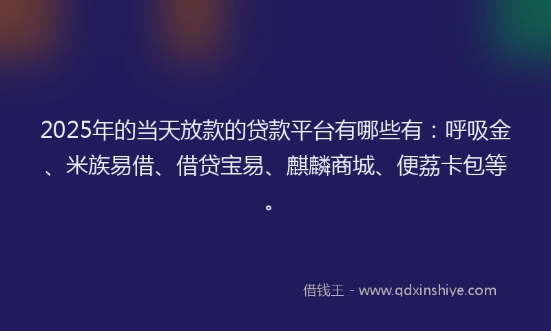 2025年的当天放款的贷款平台有哪些有：呼吸金、米族易借、借贷宝易、麒麟商城、便荔卡包等。
