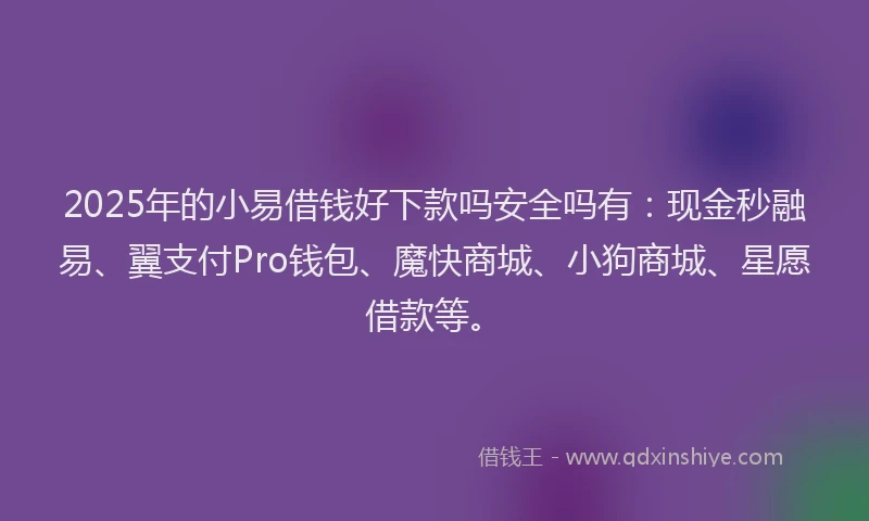 2025年的小易借钱好下款吗安全吗有：现金秒融易、翼支付Pro钱包、魔快商城、小狗商城、星愿借款等。