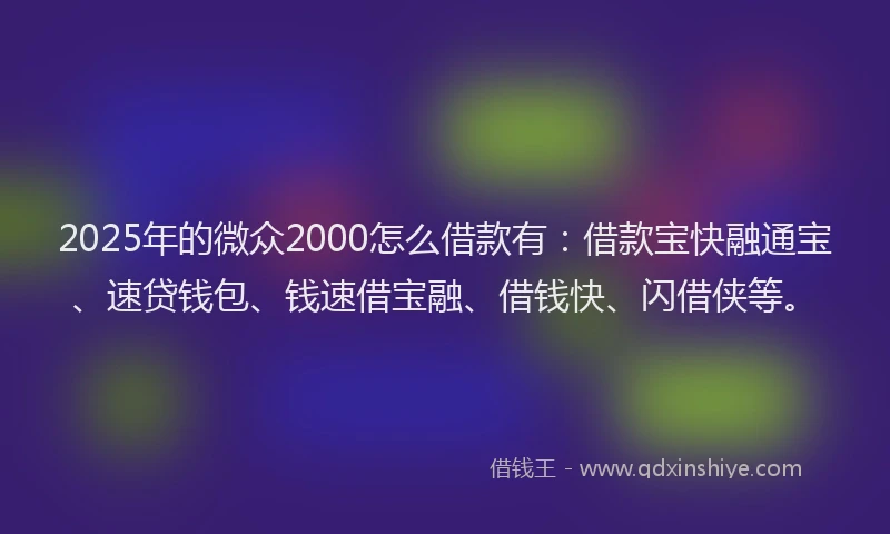 2025年的微众2000怎么借款有：借款宝快融通宝、速贷钱包、钱速借宝融、借钱快、闪借侠等。