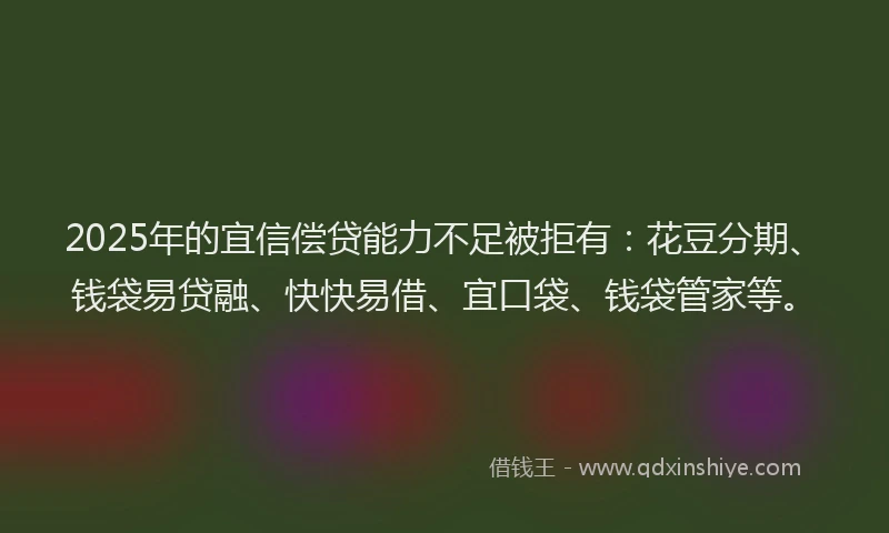 2025年的宜信偿贷能力不足被拒有：花豆分期、钱袋易贷融、快快易借、宜口袋、钱袋管家等。