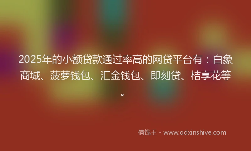 2025年的小额贷款通过率高的网贷平台有：白象商城、菠萝钱包、汇金钱包、即刻贷、桔享花等。