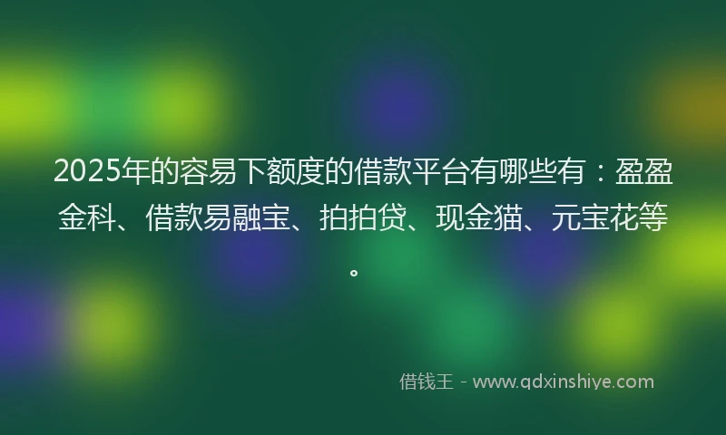 2025年的容易下额度的借款平台有哪些有：盈盈金科、借款易融宝、拍拍贷、现金猫、元宝花等。