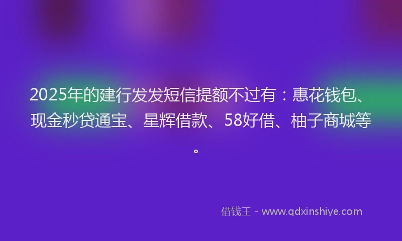 2025年的建行发发短信提额不过有：惠花钱包、现金秒贷通宝、星辉借款、58好借、柚子商城等。