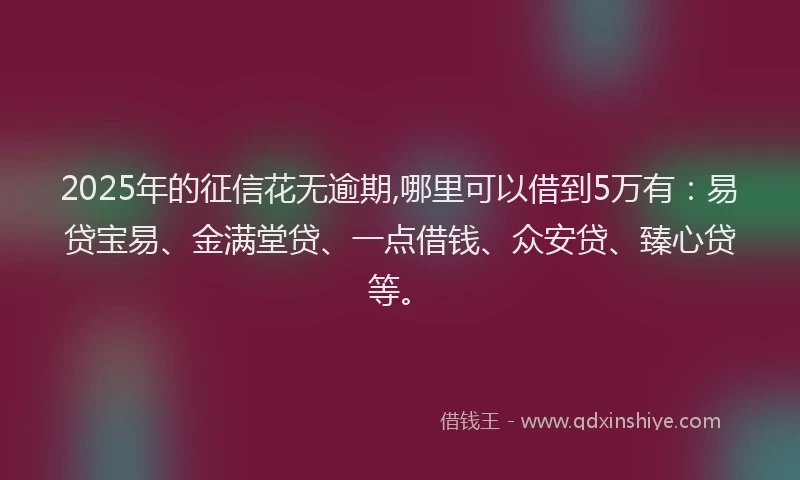 2025年的征信花无逾期,哪里可以借到5万有：易贷宝易、金满堂贷、一点借钱、众安贷、臻心贷等。