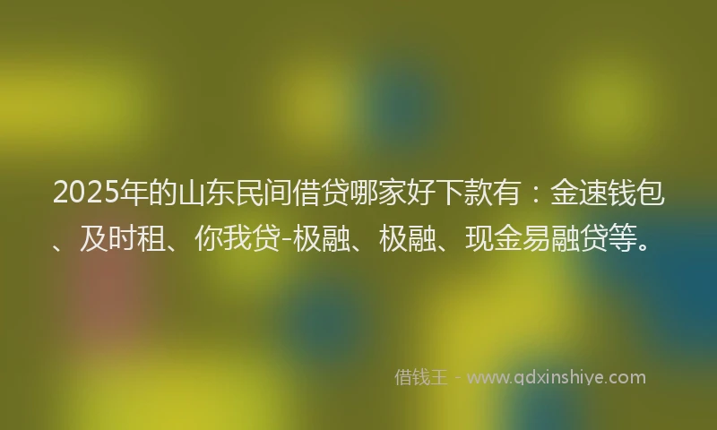2025年的山东民间借贷哪家好下款有：金速钱包、及时租、你我贷-极融、极融、现金易融贷等。