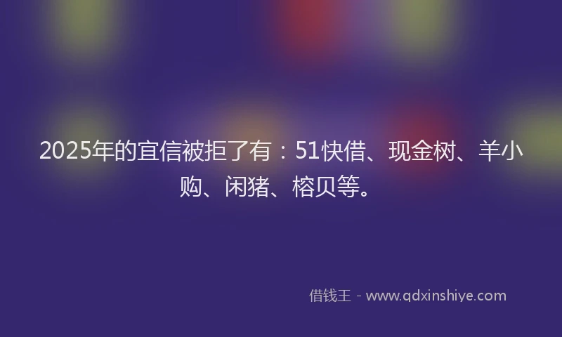 2025年的宜信被拒了有：51快借、现金树、羊小购、闲猪、榕贝等。