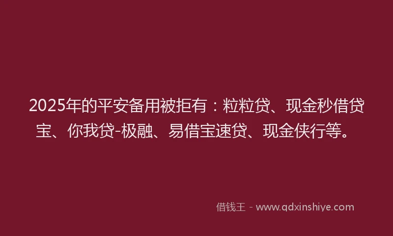 2025年的平安备用被拒有：粒粒贷、现金秒借贷宝、你我贷-极融、易借宝速贷、现金侠行等。
