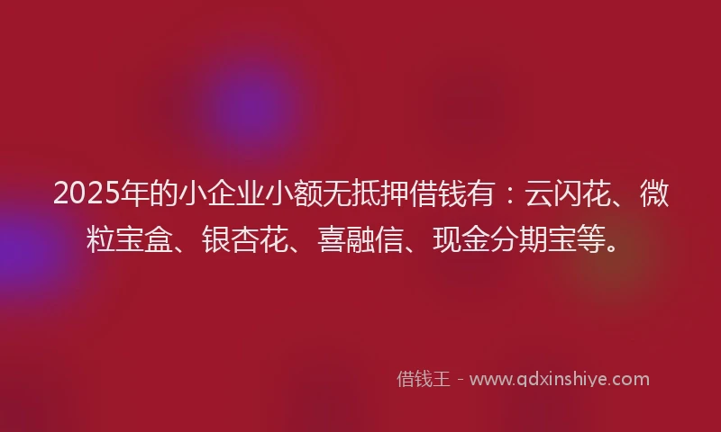 2025年的小企业小额无抵押借钱有：云闪花、微粒宝盒、银杏花、喜融信、现金分期宝等。