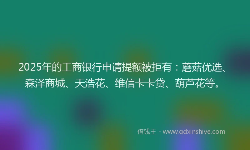 2025年的工商银行申请提额被拒有：蘑菇优选、森泽商城、天浩花、维信卡卡贷、葫芦花等。
