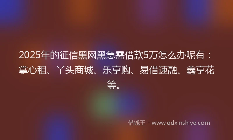 2025年的征信黑网黑急需借款5万怎么办呢有：掌心租、丫头商城、乐享购、易借速融、鑫享花等。