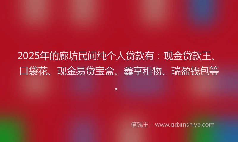 2025年的廊坊民间纯个人贷款有：现金贷款王、口袋花、现金易贷宝盒、鑫享租物、瑞盈钱包等。