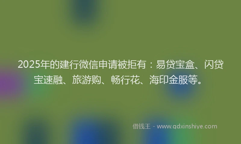 2025年的建行微信申请被拒有：易贷宝盒、闪贷宝速融、旅游购、畅行花、海印金服等。