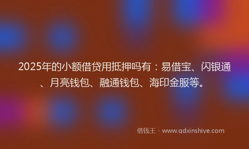 2025年的小额借贷用抵押吗有：易借宝、闪银通、月亮钱包、融通钱包、海印金服等。