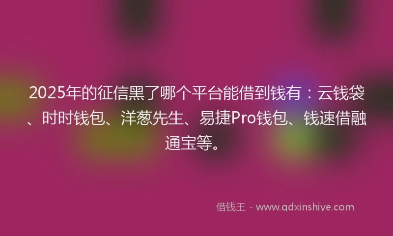 2025年的征信黑了哪个平台能借到钱有：云钱袋、时时钱包、洋葱先生、易捷Pro钱包、钱速借融通宝等。