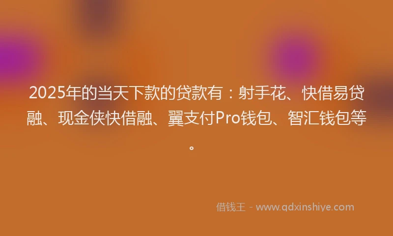 2025年的当天下款的贷款有：射手花、快借易贷融、现金侠快借融、翼支付Pro钱包、智汇钱包等。