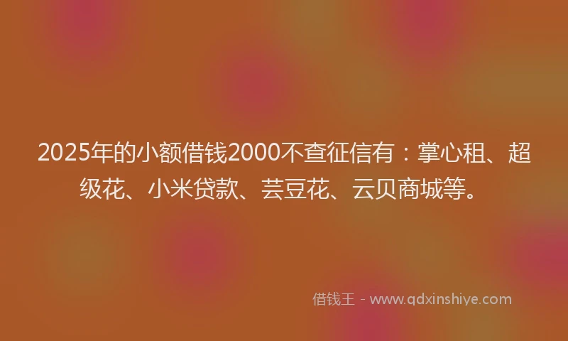 2025年的小额借钱2000不查征信有：掌心租、超级花、小米贷款、芸豆花、云贝商城等。