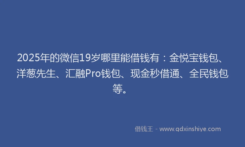 2025年的微信19岁哪里能借钱有：金悦宝钱包、洋葱先生、汇融Pro钱包、现金秒借通、全民钱包等。