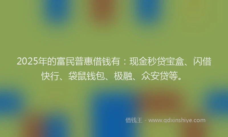 2025年的富民普惠借钱有：现金秒贷宝盒、闪借快行、袋鼠钱包、极融、众安贷等。