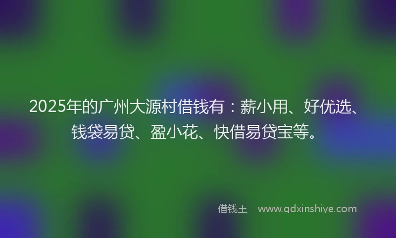 2025年的广州大源村借钱有：薪小用、好优选、钱袋易贷、盈小花、快借易贷宝等。